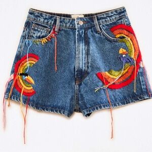 FARM Rio Colorful Embroidered High Waist Denim Shorts